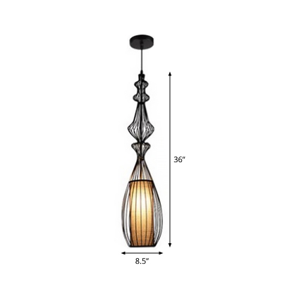 Fabric Black Ceiling Hanging Lantern Cylindrical 1 Bulb Vintage Pendant Light with Gourd/Curved/Cone Cage