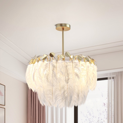 Feather Layers Pendant Chandelier Contemporary 3 Bulbs Hanging Ceiling Light in Gold for Bedroom