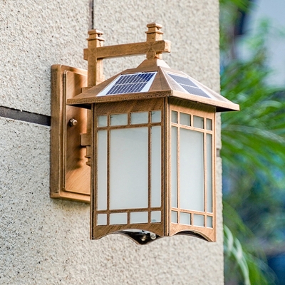 Frosted Glass Pavilion LED Wall Lamp Rustic Outdoor Solar Powered Wall Light Sconce in Black/Brass
