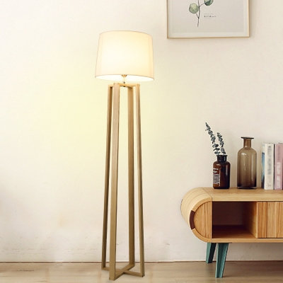 Hand-Worked Fabric Cylinder Floor Lamp Minimalism 1 Light White Reading Floor Light with Wood Cross Stand
