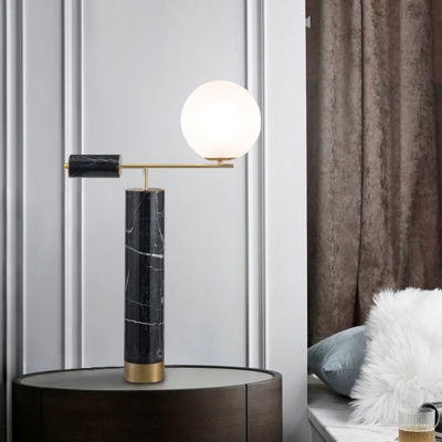 Lever Night Table Light Designer Cream Ball Glass 1-Light Black Nightstand Lamp with Marble Base