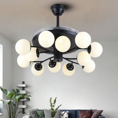 Milky Glass Ball Hanging Fan Lamp Modernist 12 Bulbs Black Semi Mount Lighting with Blades, 42