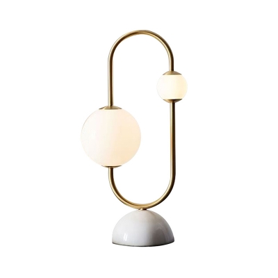 Postmodern 2-Head Nightstand Lamp Gold Circuitry Table Light with Ball White Glass Shade