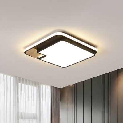 Rectangular/Square LED Flush Mounted Light Minimalist Metal Guest Room Ceiling Lamp in Black with Wood Cut Corner, White/3 Color Light