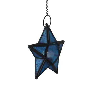 Red/Blue/Clear Textured Glass Star Pendant Moroccan 1 Light Bedroom Pendulum Light in Black