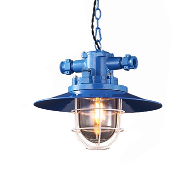Red/Blue/White 1 Bulb Pendant Lamp Loft Style Iron Saucer Shade Hanging Lamp with Cage and Interior Clear Glass Shade