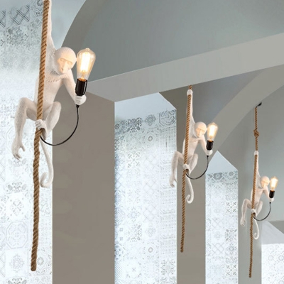 Resin Monkey Suspension Pendant Light Art Deco 1-Light White Hanging Light with Rope Cord