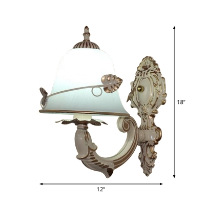 Rustic Bell Wall Lighting Ideas Single Milky Glass Wall Lamp Fixture with Carved Leaf in White