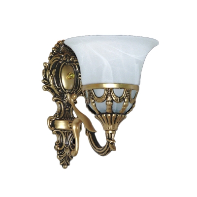 Single White Alabaster Glass Wall Lamp Traditional Bronze Flared Porch Wall Mounted Light