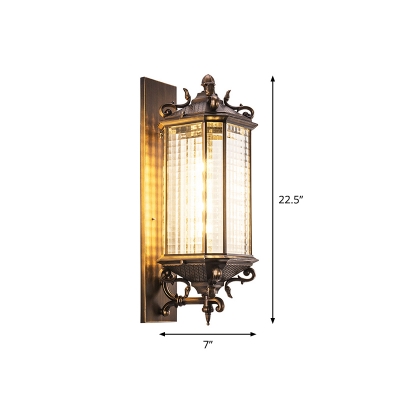 Small/Large Cylinder Grid Glass Wall Lighting Antique Style 1 Bulb Porch Wall Sconce in Brass