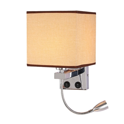 Square Wall Lighting Modernism Fabric Single Beige/White/Coffee Sconce with Spotlight and USB Charging Port