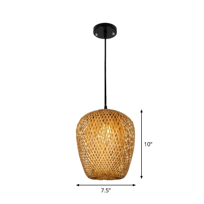 Tapered/Shaded Pendant Light Kit Asian Style Bamboo 1/3-Head Beige Ceiling Hang Lamp, 10
