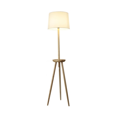 Tripod Wooden Floor Light Nordic 1 Head Beige Stand Up Lamp with Table and Drum Fabric Shade
