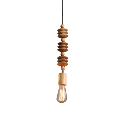 Wood Carved Beaded Down Lighting Pendant Simple Single Brown Pendulum Light with Open Bulb Design