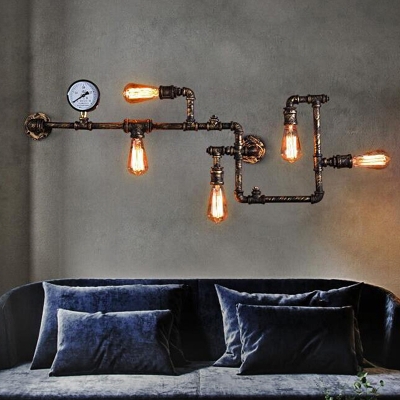 Wrought Iron Bronze/Rust Wall Sconce Piping 5 Lights Industrial Style Wall Mount Light Fixture with Fake Gauge