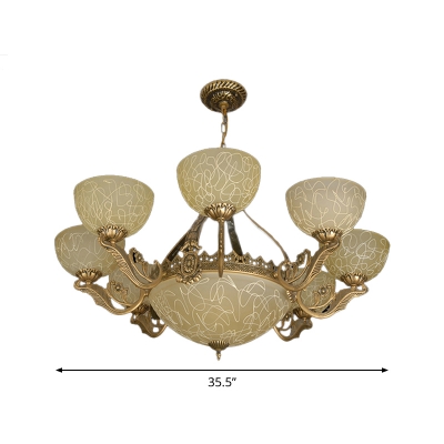 11 Lights Suspended Lighting Fixture Antique Bowl Shaped Opal Frosted Glass Hanging Chandelier in Brass