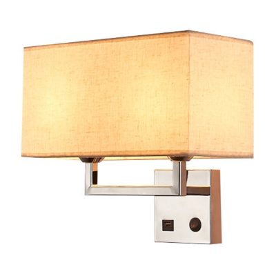 2-Bulb Living Room Wall Light Kit Modern Beige/White Sconce Lamp with Rectangle Fabric Shade and USB Port