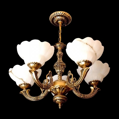 5 Heads Blossom Chandelier Lighting Traditional Bronze Cream Glass Hanging Lamp Kit