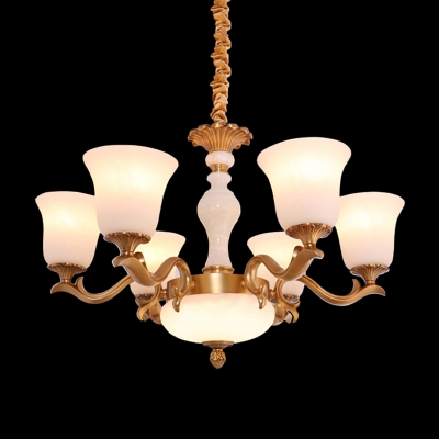 6 Heads Hanging Pendant Traditional Hotel Chandelier Light with Trumpet Opal Frosted Glass Shade in Brass