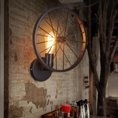 Art Deco Wheel Wall Mount Lamp Metal Single-Bulb Garage Sconce Light Fixture in Black