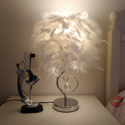 Ball Feather Night Stand Light Modern 1 Head Red/Blue/White Table Lamp with Crystal Accent for Girls Room