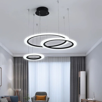 Black 3/4 Tiered Hoop Hanging Pendant Simplicity LED Acrylic Chandelier Light Fixture