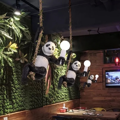 Black and White Panda Pendant Light Fixture Artistic 1 Head Resin Ceiling Hang Lamp with Hemp Rope