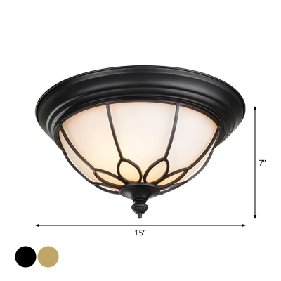 Black/Gold Dome Flushmount Vintage Frosted White Glass 6