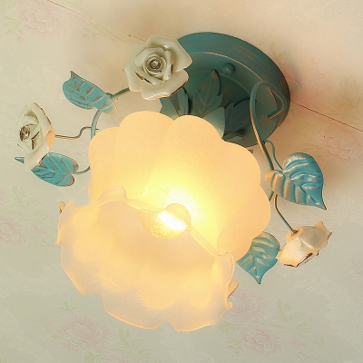 Bloom Opal Glass Semi Flush Korean Garden 1 Head Bedroom Ceiling Mount Light with Floweret and Leaf Decor in Blue