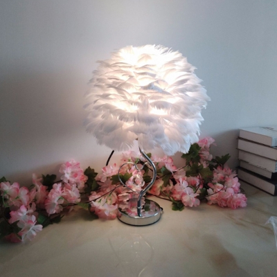 Blossom Bedroom Table Lamp Feather 1-Head Romantic Modern Night Light in Grey/Pink/Orange with Crystal Drop