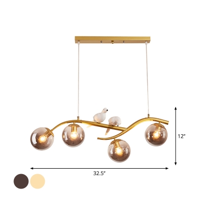 Branch Dining Room Island Pendant Light Smoke Grey/Cognac Ball Glass 4-Bulb Modernist Hanging Lamp in Black/Gold with Bird Decor