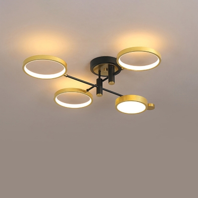 Branching Semi Flush Chandelier Modern Metallic 4 Lights Black/Gold Circle Ceiling Lamp in Warm/White/3 Color Light