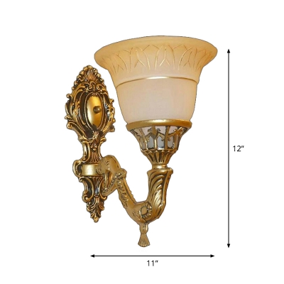 Brass 1-Bulb Wall Lamp Fixture Antique Frosted Glass Bell Wall Light for Guest Room