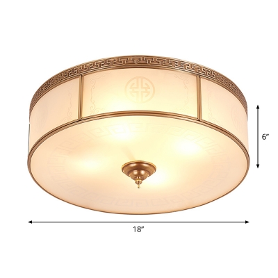 Brass Small/Large Drum Ceiling Lamp Minimalist Frosted Glass 3/4 Lights Living Room Flush Mount with/without X Brace