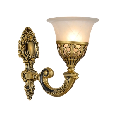 Bronze Scroll Arm Wall Lamp Traditional Metal Single Bedroom Wall Lighting with Flared Milk Glass Shade