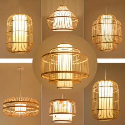 Chinese 1 Bulb Ceiling Pendant Beige Raindrop/3-Layer/Lantern Hanging Light Fixture with Bamboo Shade