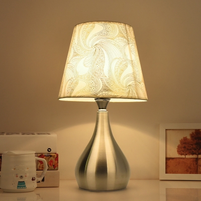 Contemporary Empire Shade Night Light Flower/Malt Grass/Cloud Print Fabric 1-Light Bedroom Table Lamp with Pear Base in Nickel