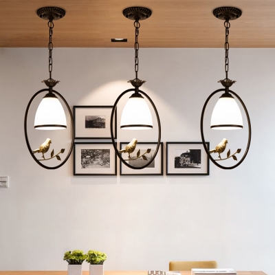 Cream Glass Bell Hanging Light Farmhouse Single Dining Room Pendant Lamp with Round/Oval Frame and Bird Decor in Black