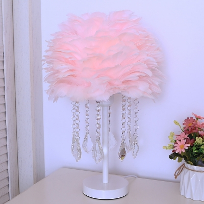 Domed Table Lamp Modernist Feather Single Living Room Nightstand Light in Pink/Apricot/Grey with Crystal Orb/Teardrop