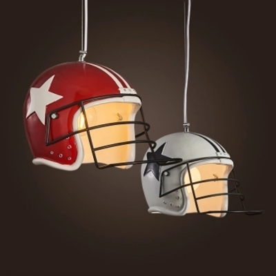Football Helmet Pendant Lighting Fixture Decorative Resin 1 Bulb Red/White Ceiling Suspension Lamp