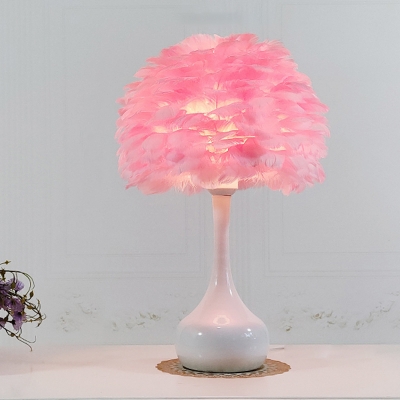 Goose Feather Dome Table Lamp Minimalist 1 Bulb Grey/White/Pink Night Light with Vase Pedestal