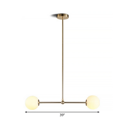 Lever Dining Room Chandelier Frosted Ball Glass 2 Heads Minimalistic Hanging Lamp in Gold