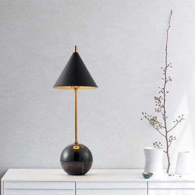 Marble Ball Nightstand Lamp Designer 1-Light Black/White-Brass Table Light with Cone Shade