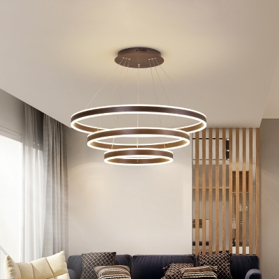 Minimal 2/3 Tiered Ring Hanging Light Aluminum Living Room LED Chandelier Pendant in Coffee