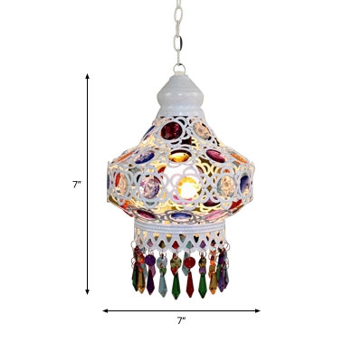 Mosaic Glass Gourd Drop Pendant Bohemian Style 1 Bulb Bedside Hanging Lamp in White with Fringe, 7