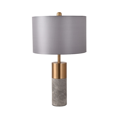 Postmodern Drum Nightstand Lamp Fabric 1-Light Parlor Table Light with Marble Column in Black/Grey/White-Brass