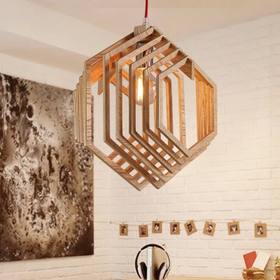 Single-Bulb Living Room Pendant Lighting Modern Beige Ceiling Hang Lamp with Hexagon Wood Cage