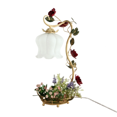 Single-Bulb Table Light Pastoral Living Room Night Lamp with Floral Frosted Glass Shade in White/Red