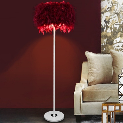 Single Living Room Reading Floor Lamp Simplicity White/Pink/Burgundy Floor Light with Drum Feather Shade