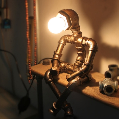 Sitting Robot Metal Night Lamp Industrial 1-Light Dorm Room Table Light in Bronze